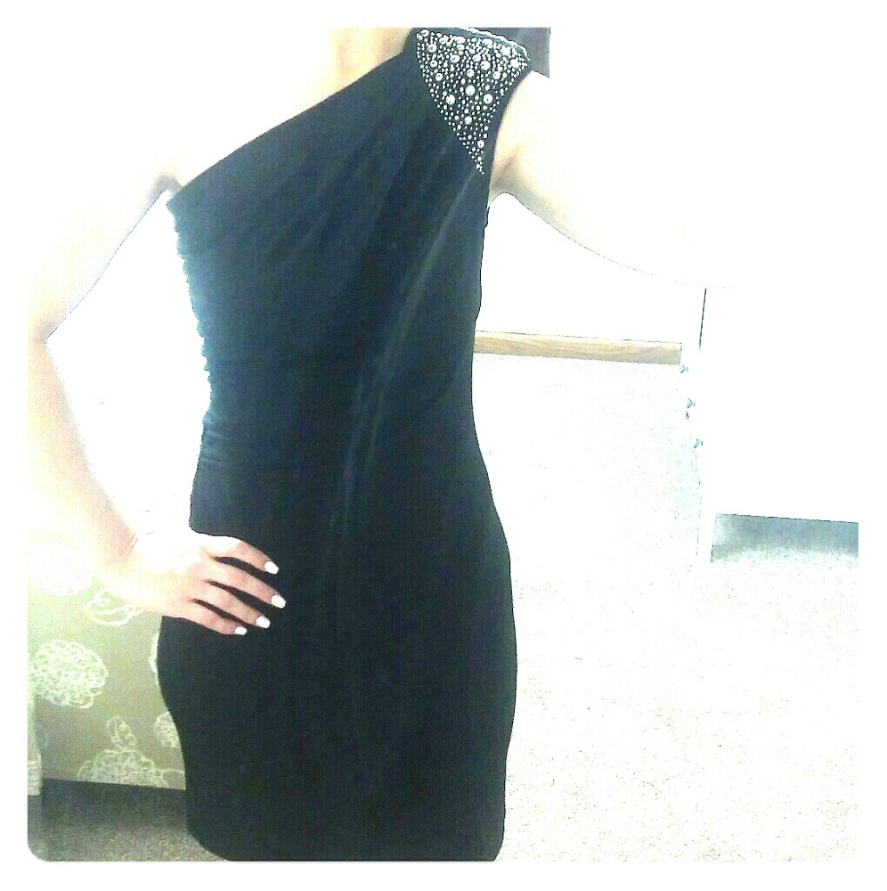 Black one shoulder beaded cocktail dress